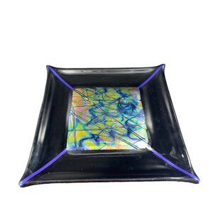 Vintage Hand Made Dichroic Art Glass Square Dish Plate Multicolor Iridescent VTG